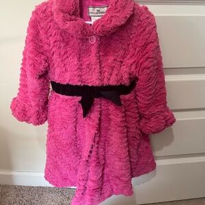 Pink Fuzzy Kids Coat with Black Bow